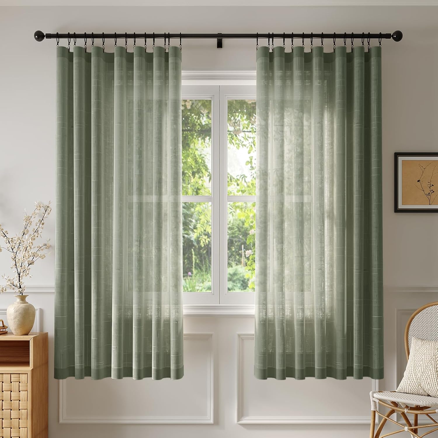 Anmao Natural Linen Curtains for Living Room 63 Inch Length 2 Panels Set, Light Filtering Semi Sheer Window Curtain Drapes for Bedroom with Curtain Rings and Clips, 52 Inch Wide Each Panel, Olive