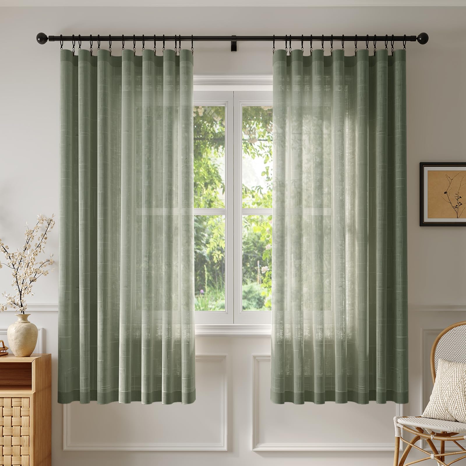 Anmao Natural Linen Curtains for Living Room 63 Inch Length 2 Panels Set, Light Filtering Semi Sheer Window Curtain Drapes for Bedroom with Curtain