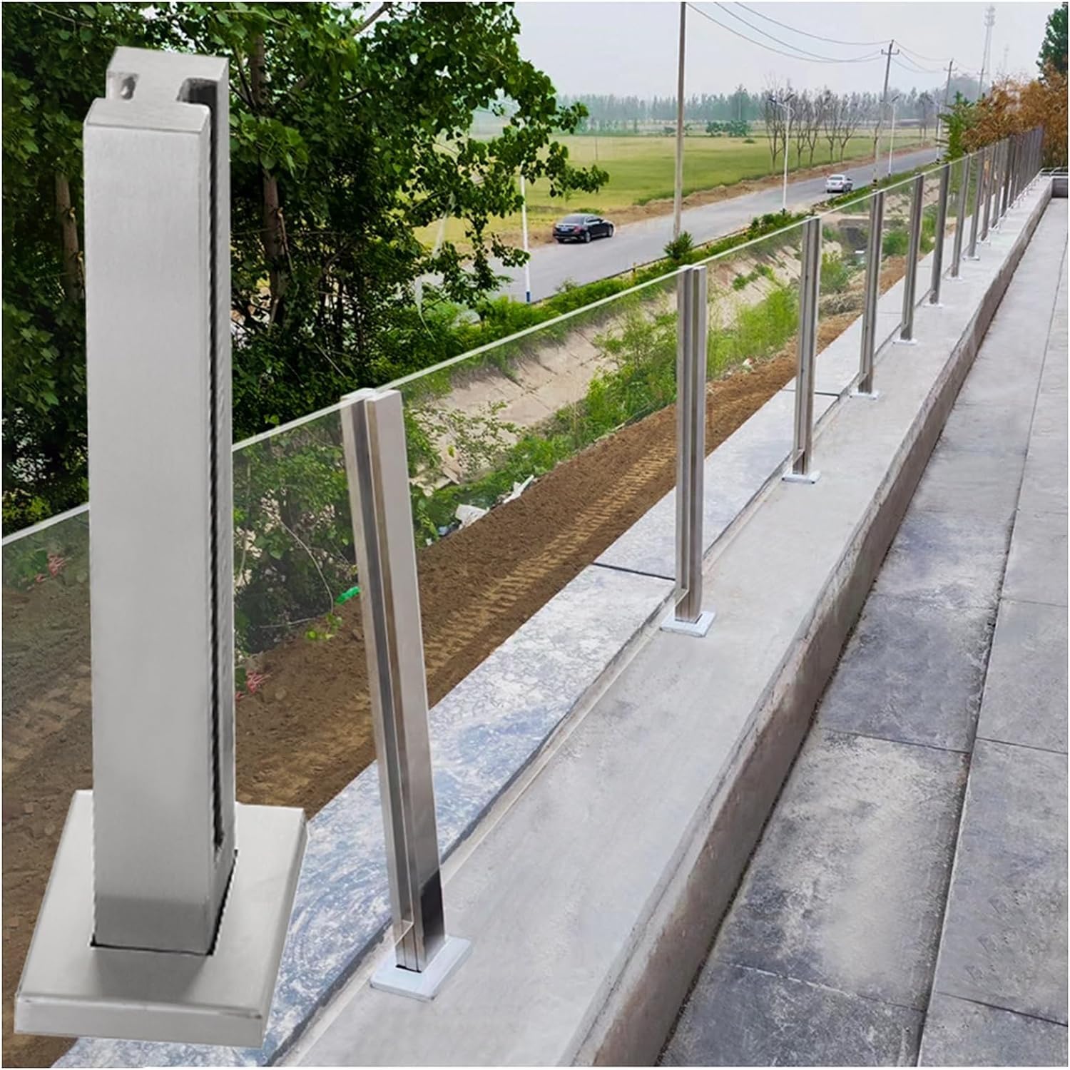 Balaustradas Postes de barandilla de vidrio Sistema de barandilla de barandilla con tornillos, abrazadera de vidrio de acero inoxidable cuadrada plateada, kit de poste de panel de vidrio (poste interm