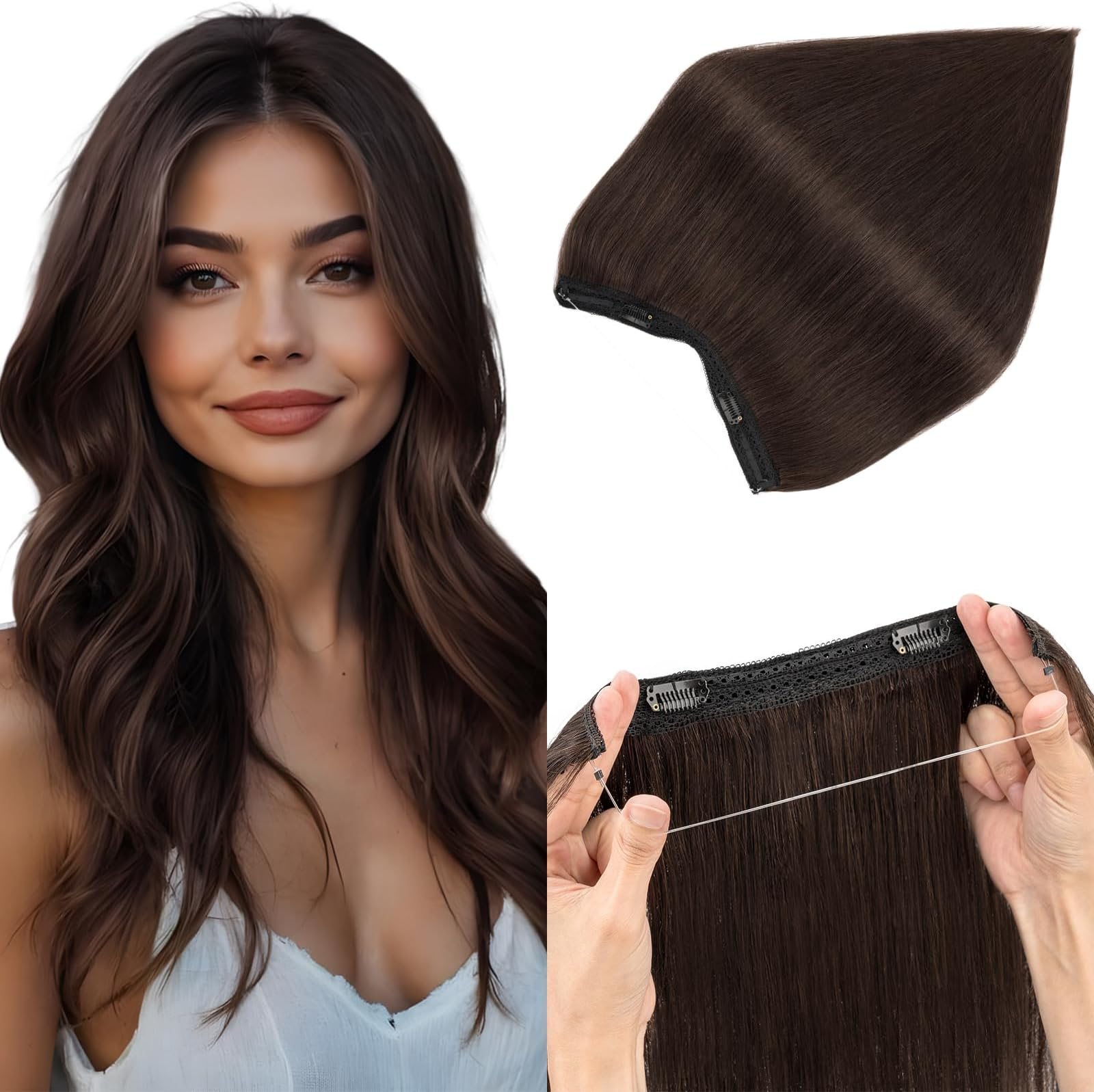 Invisible Wire Hair Extensions Real Human Hair Brown Clip In One Piece Secret Wire Extension Band Straight Thick - #02 Dark Brown - 18 Inch (80 g)