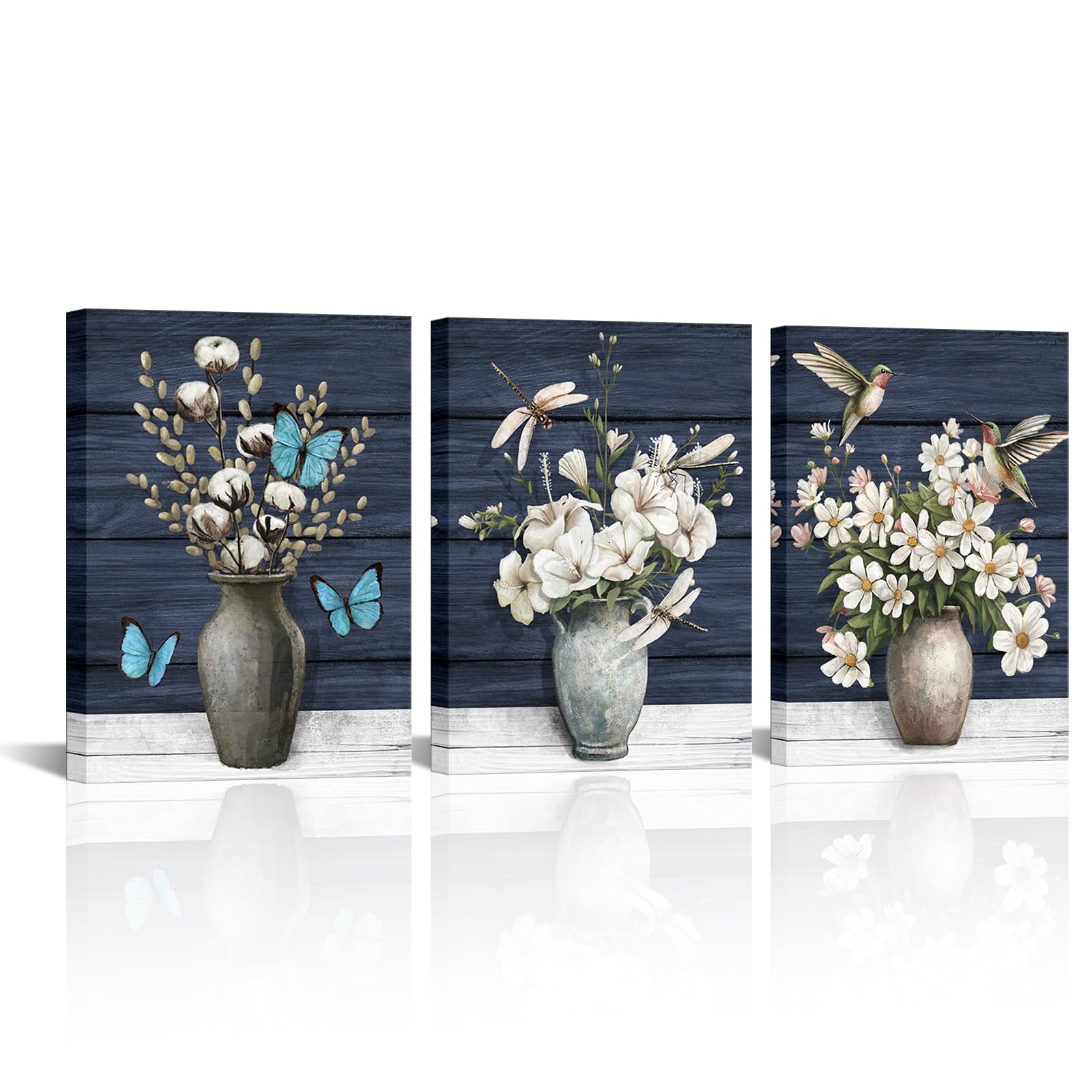 Nachic Wall Rustic Farmhouse Wall Art Bathroom Decor White Flower Painting Canvas Prints Blue Artwork for Bedroom Dining Room Home Office Decor