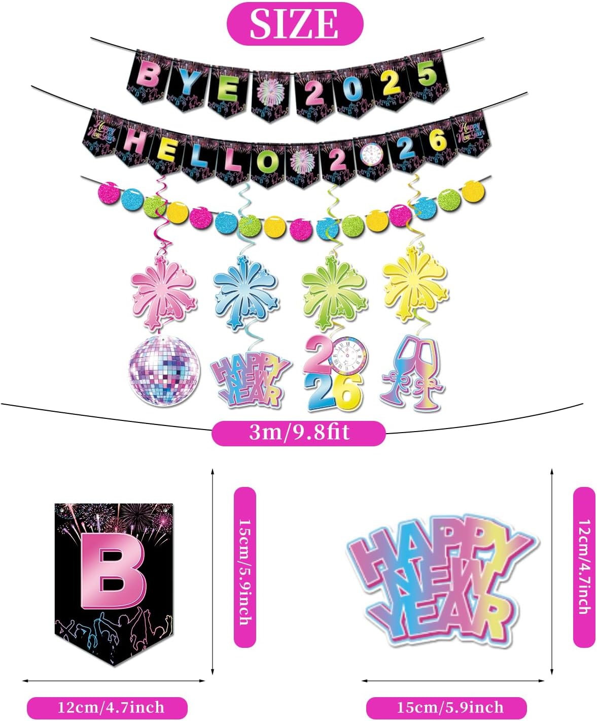 Colorful New Years Eve Decorations 2026, Pre-assembled 1pcs Colorful Bye 2025 Hello 2026 Banner, 8pcs Happy New Year Hanging Decorations, Rainbow New Years Eve Party Supplies 2026