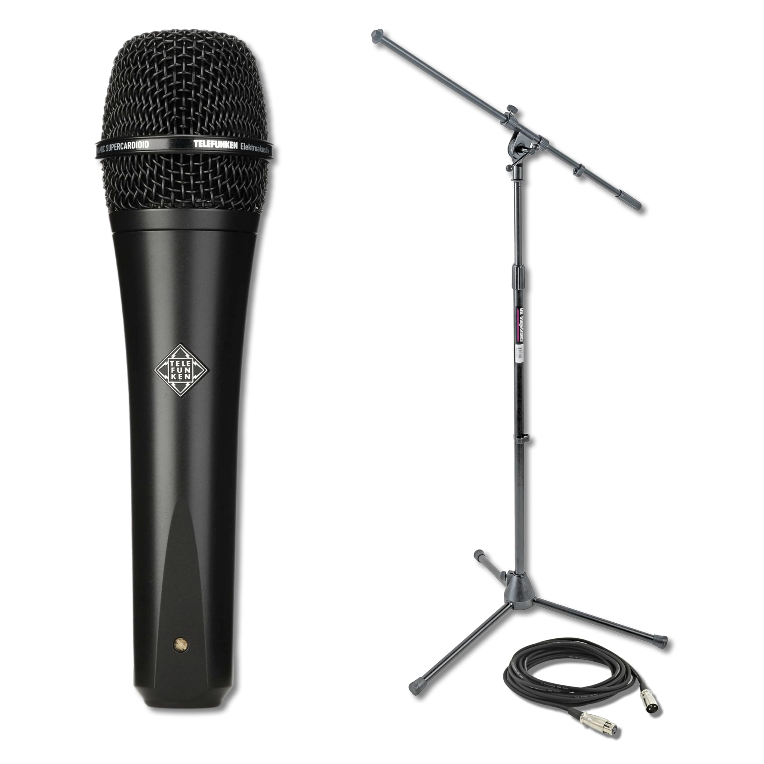 Telefunken M80 Black Dynamic Handheld Vocal Microphone with On-Stage MS7701B Boom Microphone Stand and Professional Grade XLR Cable