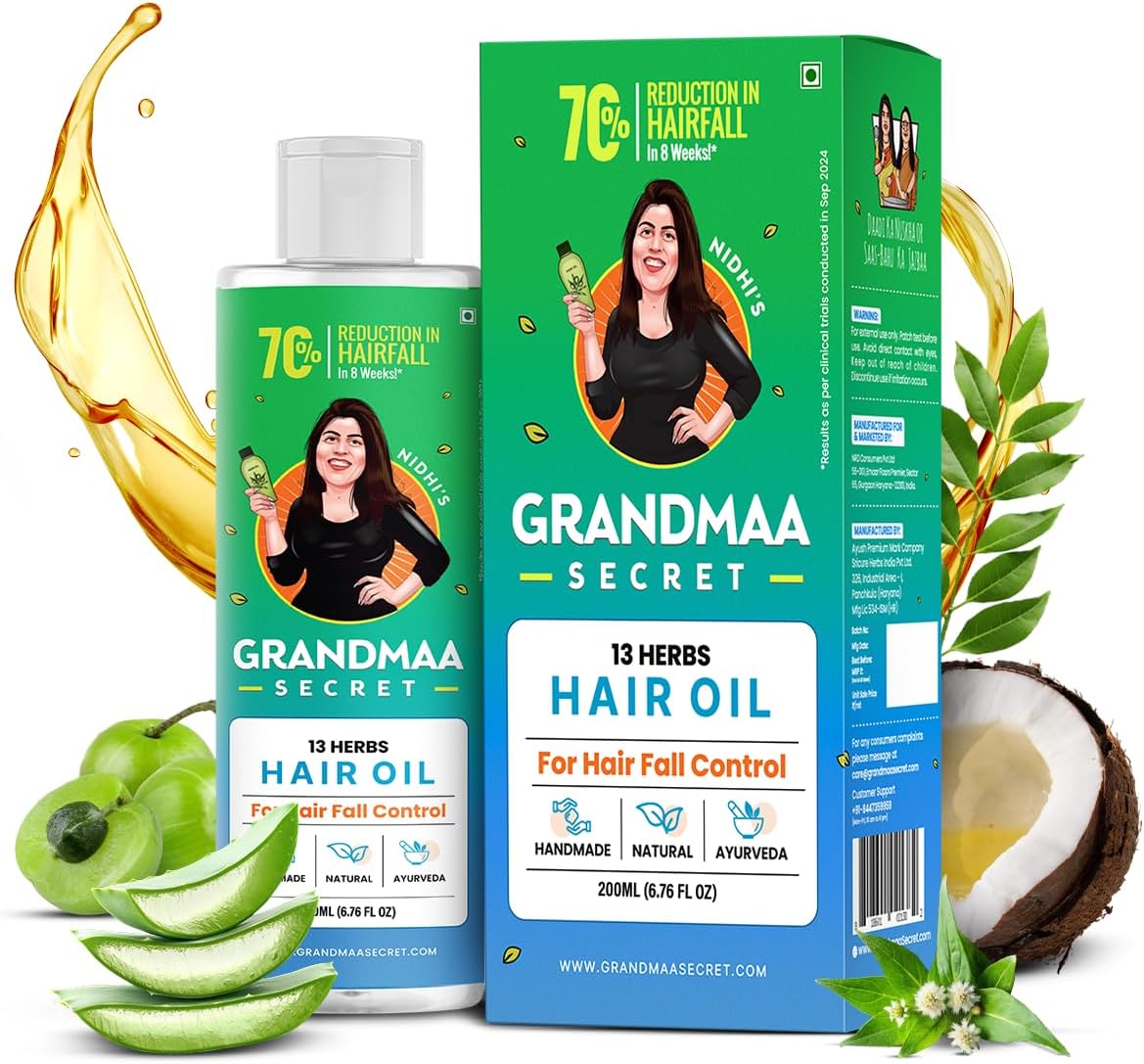 13 Herbs Hair Oil for Hair Growth & Hair Fall Control | Handmade Oil with Aloe Vera, Curry Leaf & Amla | For Dry, Damaged, Frizzy Hair | Men & Women – 200 mL