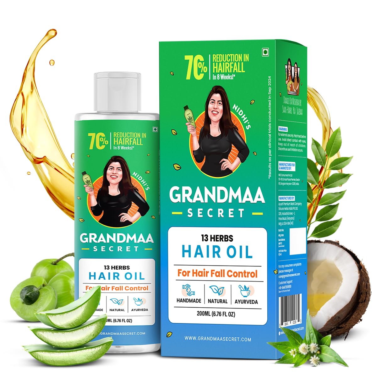 NIDHI’S GRANDMAA SECRET13 Herbs Hair Oil For Men & Women | Promotes Hair Growth & Reduces Hair Fall | Handmade Natural Hair Oil with Curry Leaves | Hair Fall Control Oil For Dry Damaged Hair | 200 mL
