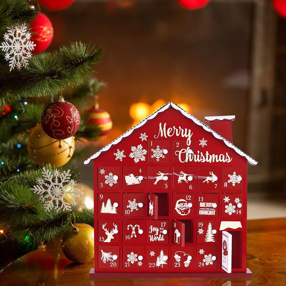MEETYAMOR Christmas Advent Calendar, Wooden House 2025 Advent Calendar with 25 Large Drawers, 25 Days Until to Christmas Countdown for Home Indoor Living Room Table Mantel Decor, Red