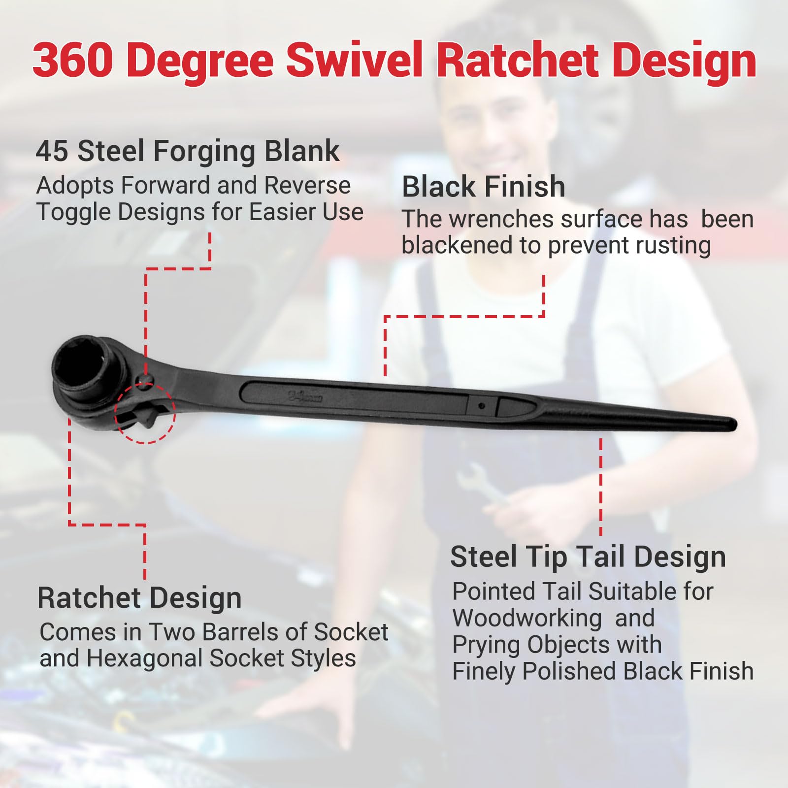 QINGYIWL 19mm x 21mm Ratchet Podger Spanner, Podger Spanner, Ratchet Scaffold Spanner - Image 4