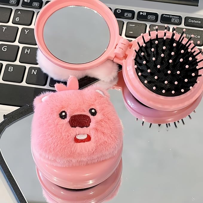 Espejo de maquillaje portátil con peine - Diseño oso, rosa, 2 piezas miniatura 2