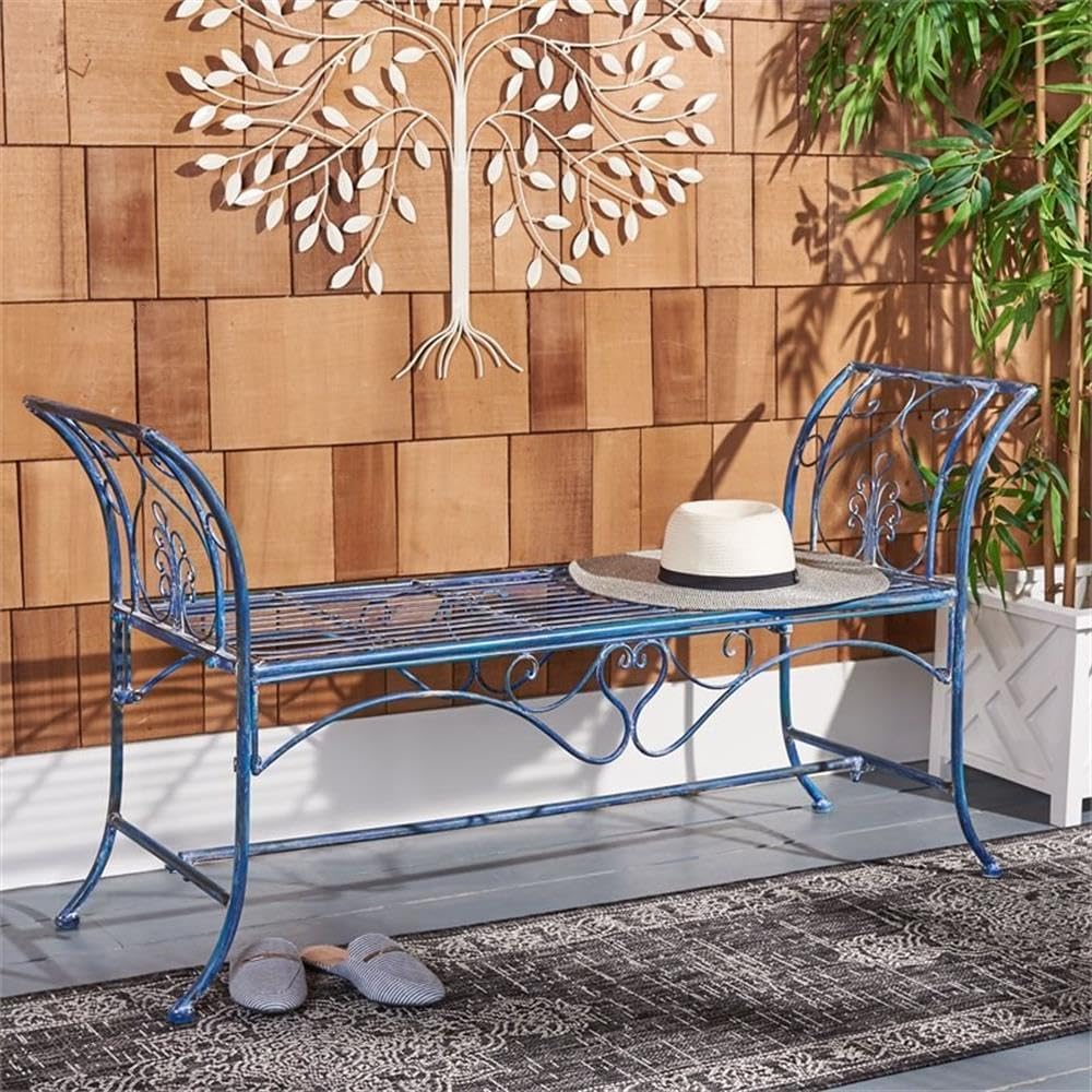 Pemberly Row Wrought Iron Outdoor Garden Bench, 51.25" Wide, Antique Blue Finish, Victorian Scrollwork Design, Weather-Resistant, Decorative Seating for Patio, Porch, or Garden Use