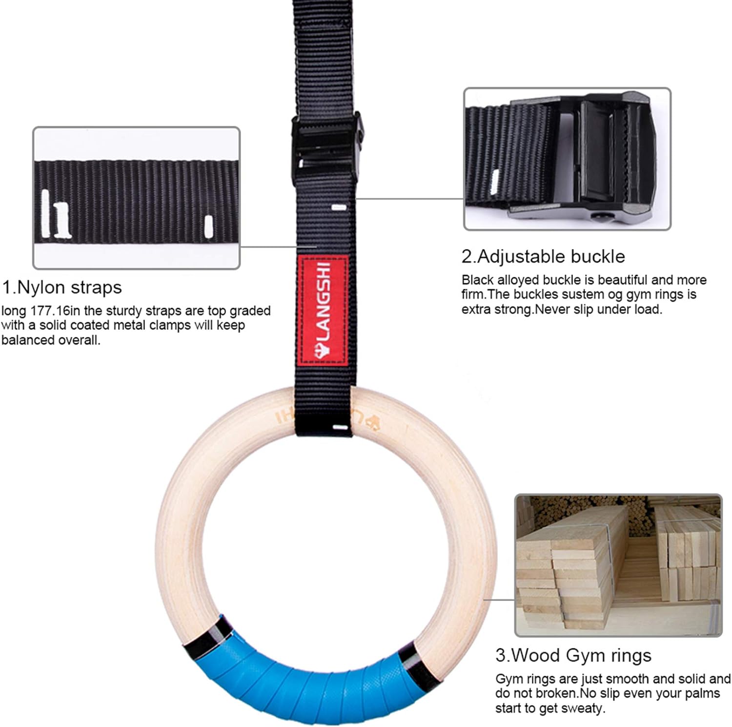 LANGSHI Wooden Gymnastic Rings with Buckles Straps Exercise Gym Rings Athletic Rings for Muscle Building, Ab Workout, Strength Training, Upper Body Strength, Suspension Training : Sports & Outdoors