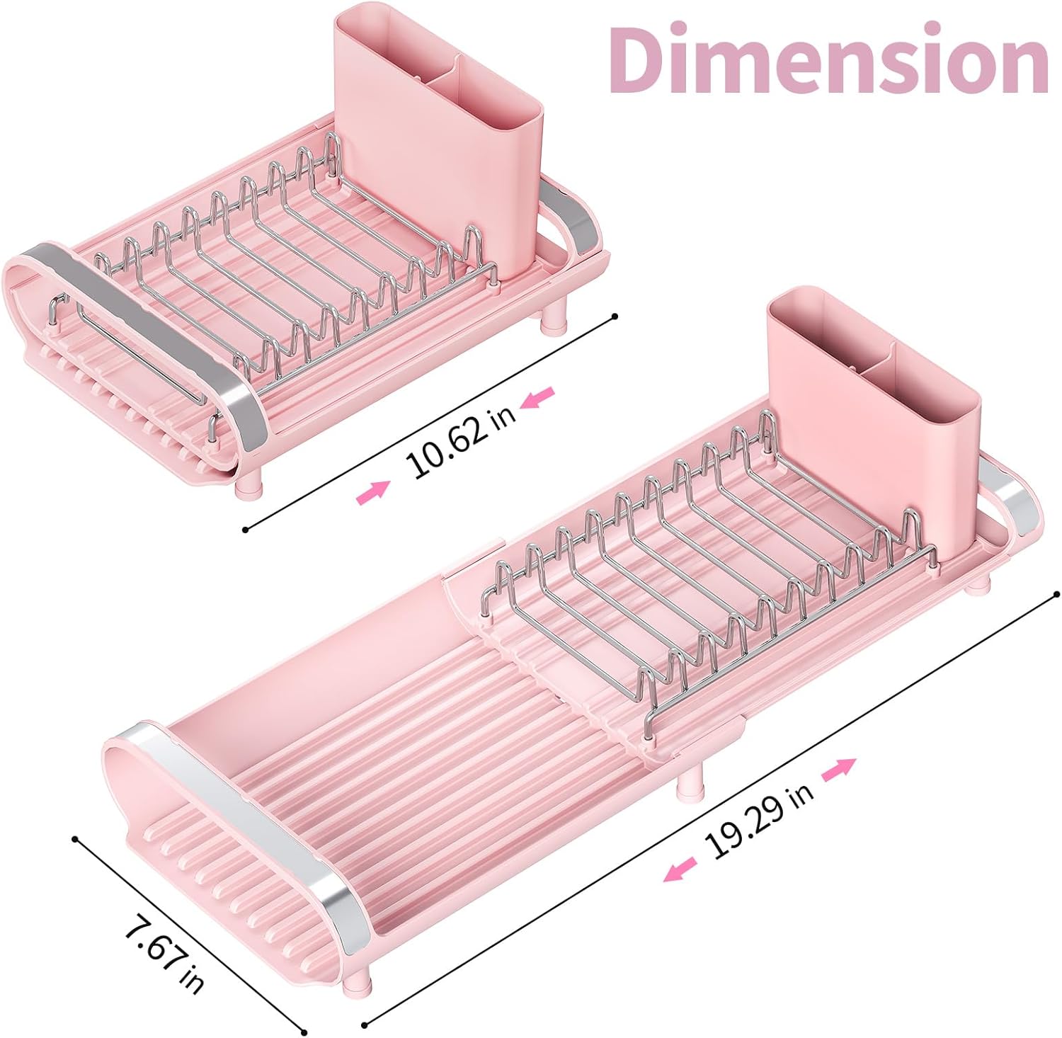 TOOLF Small Dish Drying Rack, Mini Expandable Compact Dish Rack, Slim Extendable Stainless Steel Dish Drainer for Kitchen Plate Storage, Space Saving Dish Strainer in Sink or on Home Countertop, Pink image 9 of 9 B0CWL9FR31