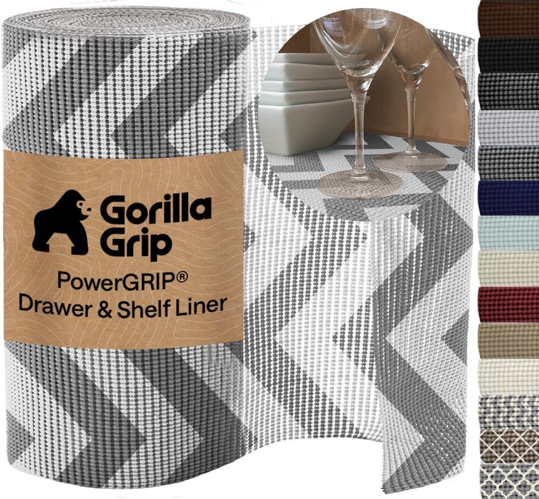 Gorilla Grip Drawer and Shelf Liner, Non-Adhesive, Size (20" x 20'), Durable and Strong, Grip Liners for Drawers, Shelves, Cabinets, Storage, Kitchen and Desks (Chevron: Gray/White)