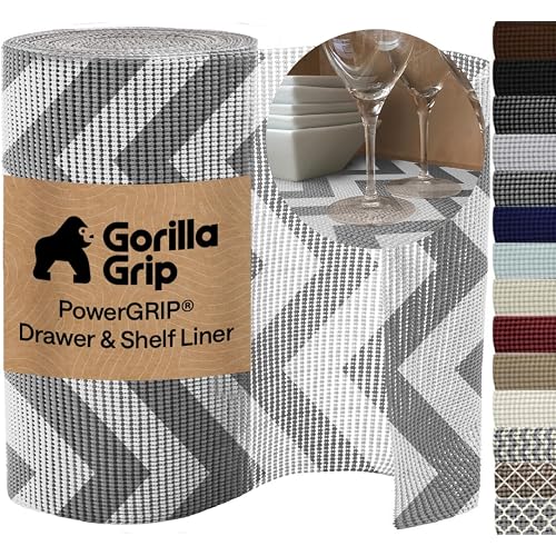 GORILLA GRIP powerGRIP Drawer Shelf and Cabinet Liner, Thick Strong Hold, Non-Adhesive Liners Protect Kitchen Cabinets and Cupboard, Bathroom Drawers, Easy Install, Breathable Mat, 17.5"x30', Chevron