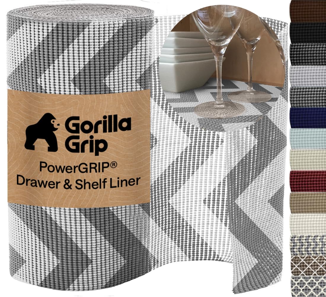 GORILLA GRIP powerGRIP Drawer Shelf and Cabinet Liner, Thick Strong Hold, Non-Adhesive Liners Protect Kitchen Cabinets and Cupboard, Bathroom Drawers, Easy Install, Breathable Mat, 17.5"x30', Chevron โ image 1