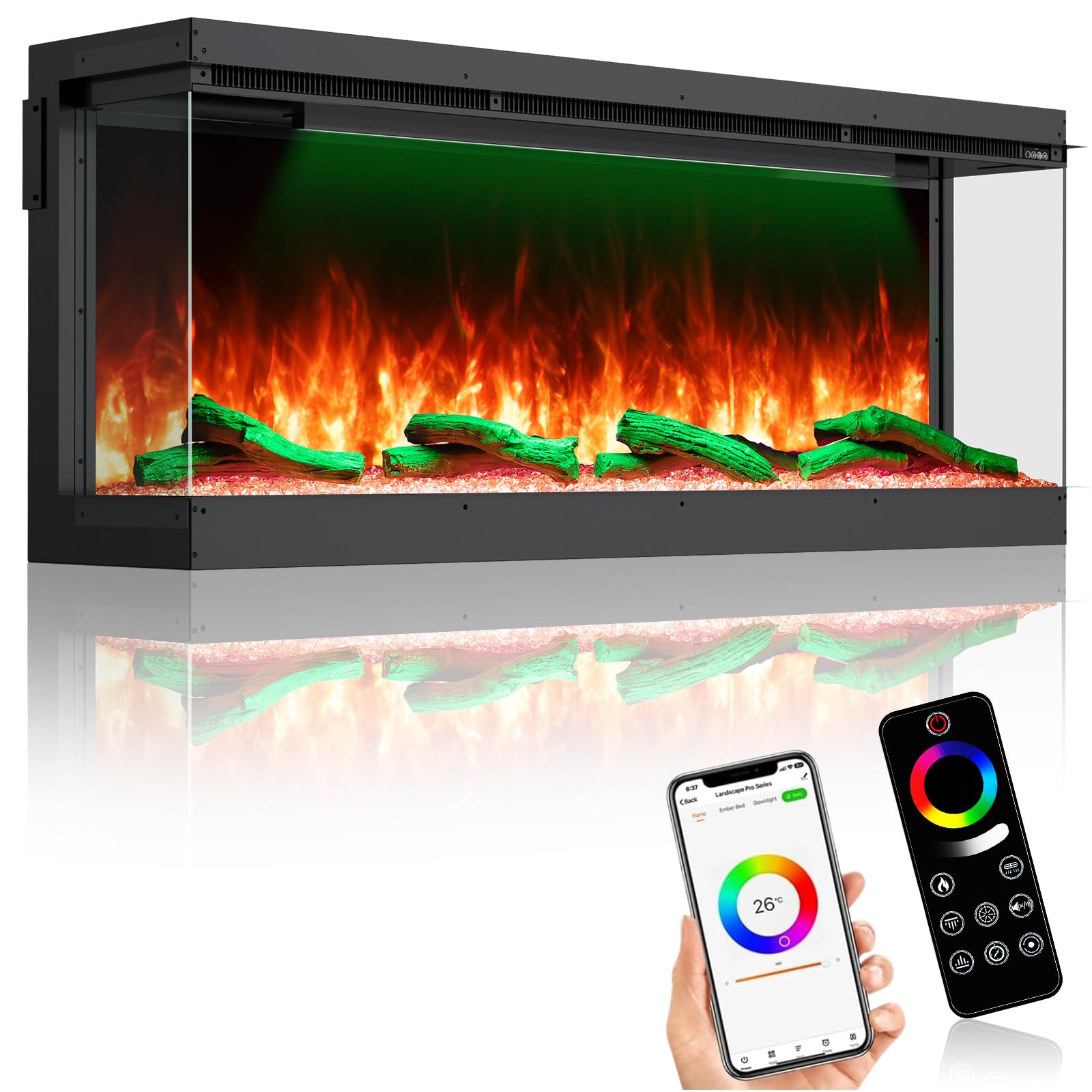 Smart WiFi Electric Fireplace 50 Inch 3 Sided with App Control &amp; 251 RGB Colors, Recessed Heater with 1500W/750W Dual Heat for Large Room, Remote Included, ETL Certified