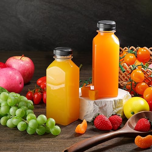 Miniatura 36 de 200 botellas de plástico para jugo con tapas, botellas de agua cuadradas vacías transparentes, recipientes para bebidas a granel, reutilizables