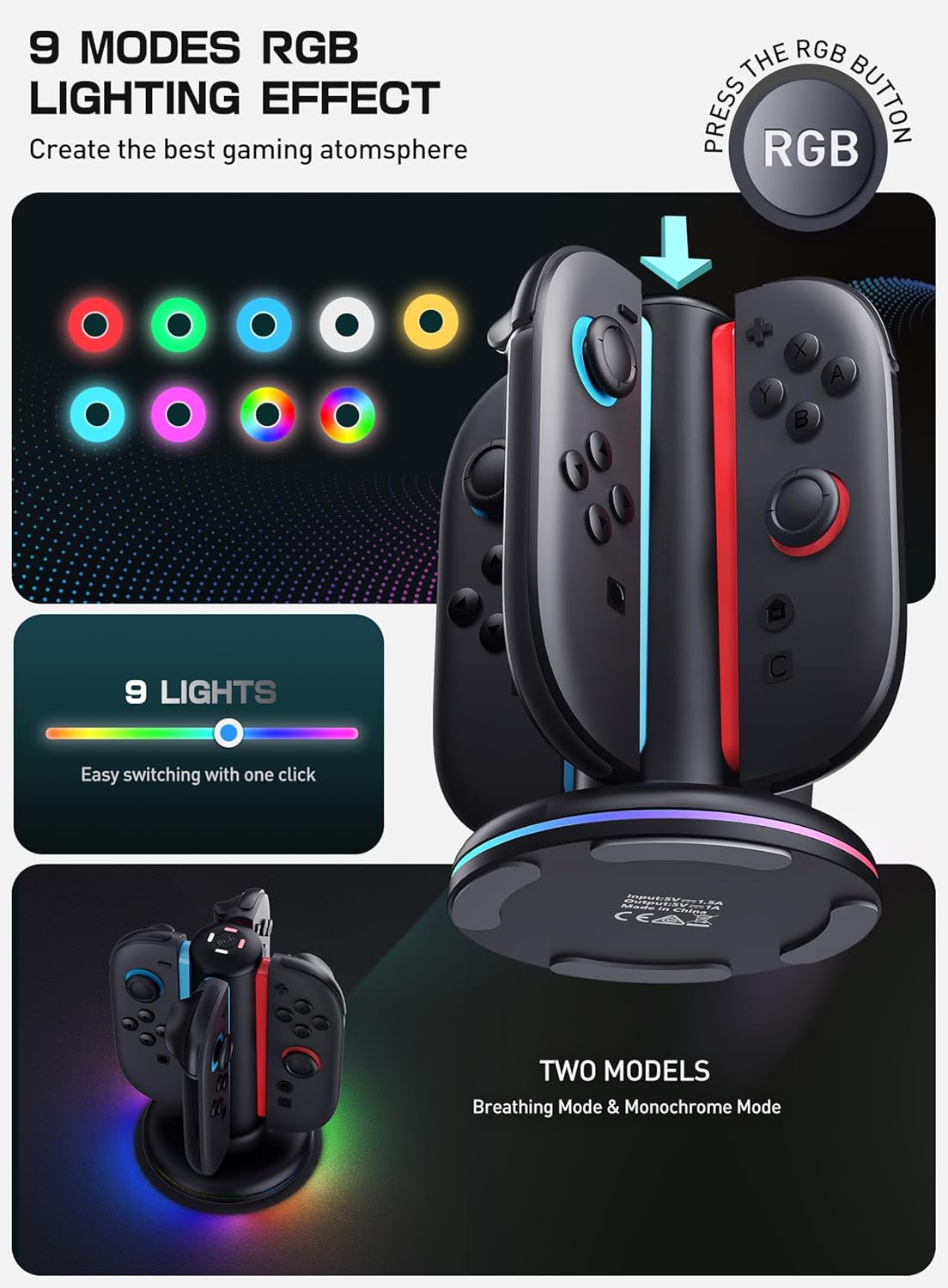 Mumba Charging Dock for Nintendo Switch 2 Joy Cons, Dual-Direction Magnetic Controller Charger Station with 9 RGB Lights & Overcharge Protection, Compatible with Nintendo Switch 2 Joy-Con Accessories - Image 5