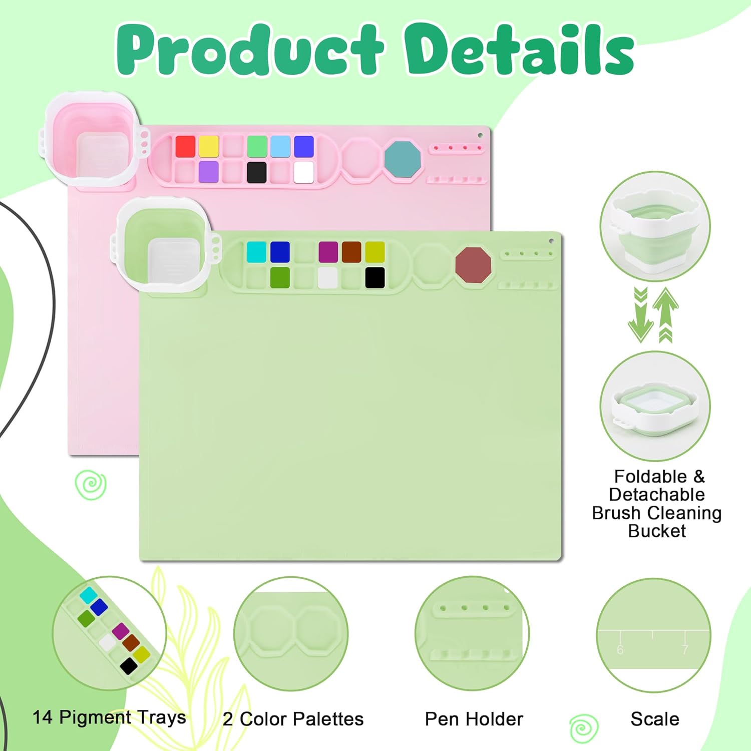 MEKOTRIN 2PCS Silicone Painting Mat, 20"X16" Art Mat with Cup and Palettes, Silicone Craft Mat has 16 Color Dividers, Paint Mat for Artist Clay DIY Creations(Pink+Green)