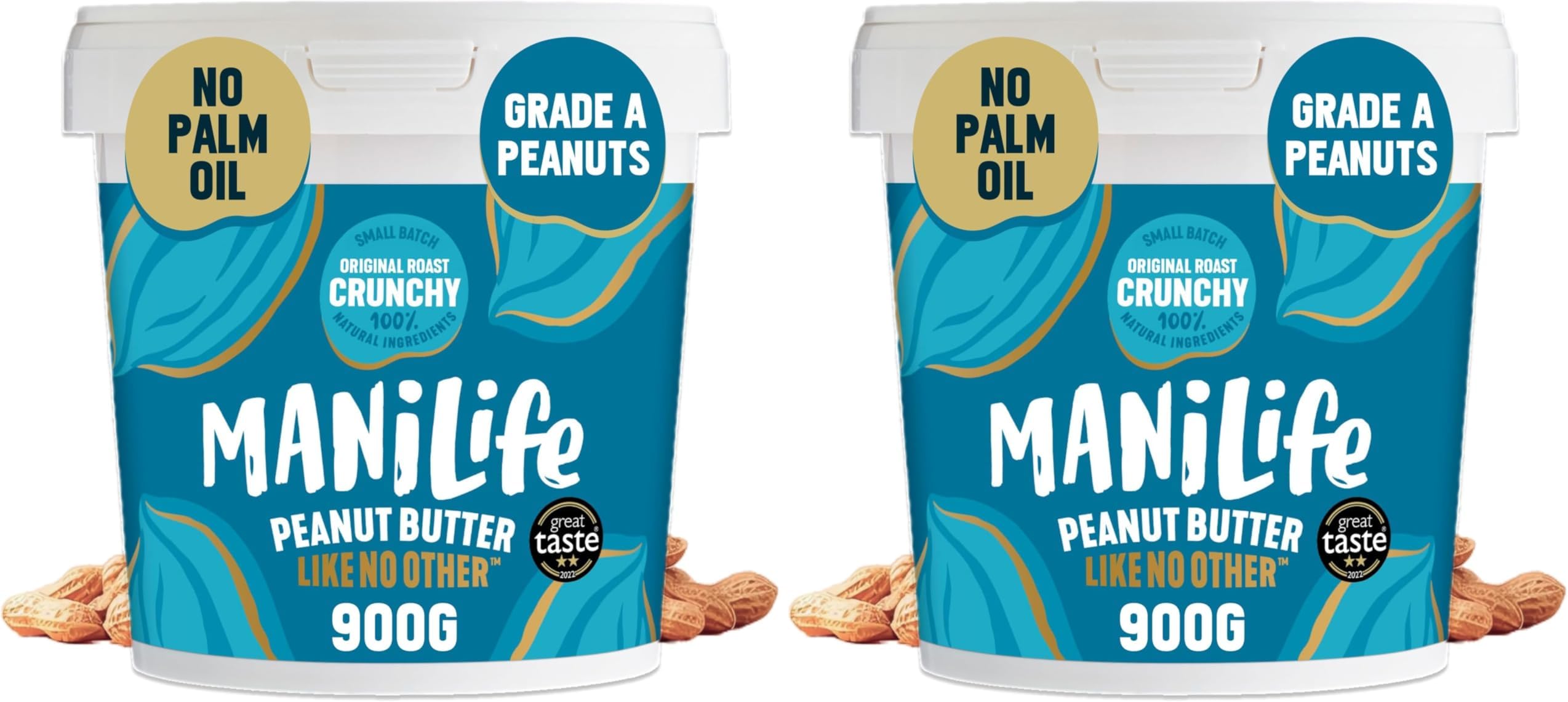 ManiLife Original Roast Crunchy Peanut Butter, 900g Tub - Small Batch Vegan Peanut Butter Made from Single Origin Grade-A Argentine Peanuts - No Palm Oil, No Added Sugar, No GMOs (Pack of 2)