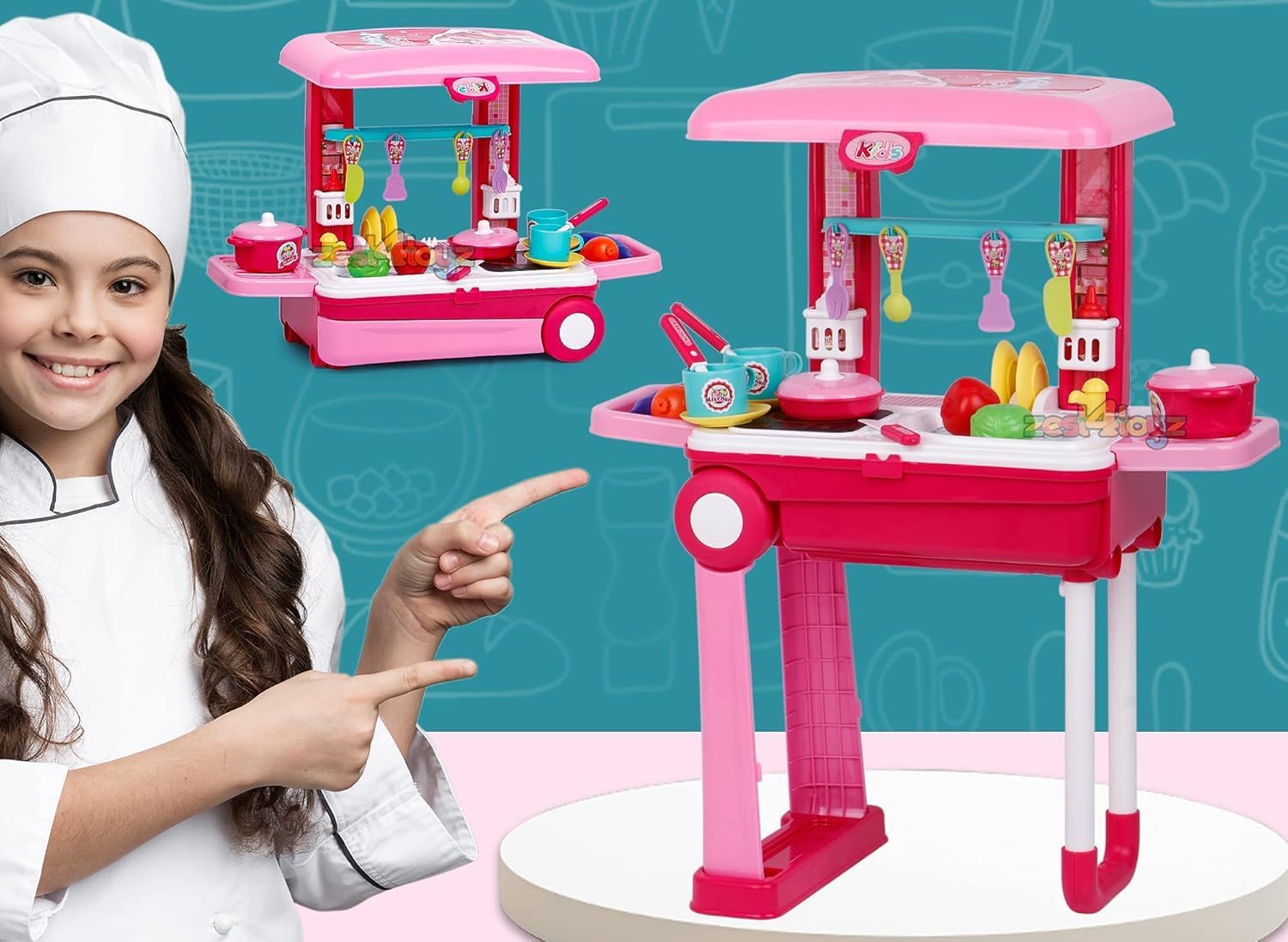 TOYIQ Little Laughs Little Chef 2 in 1 Kitchen Play Set, Pretend Play Trolly Kitchen Kit for Kids with Suitcase Trolley Carrycase with Sound - Accessories Included 4