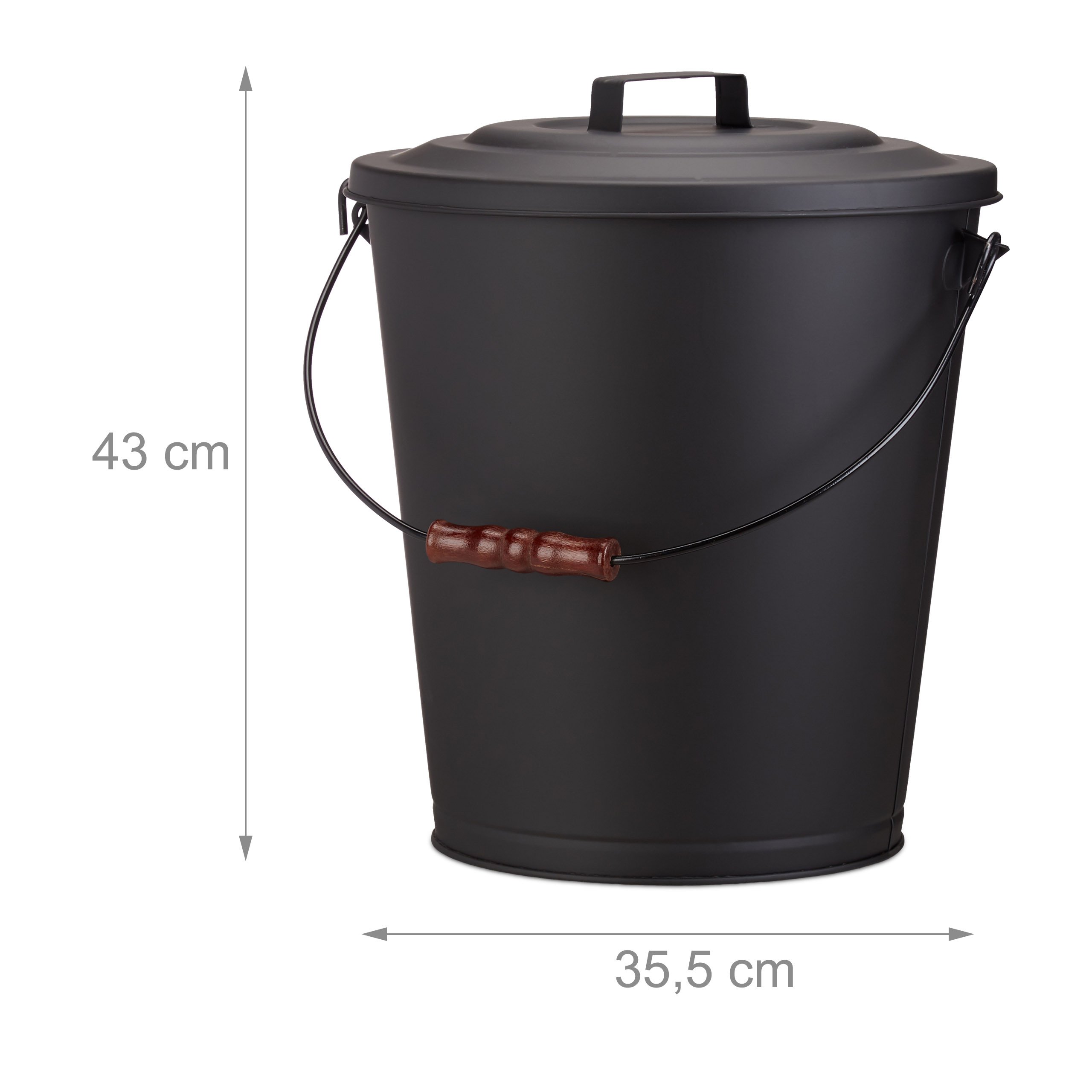 Relaxdays Secchio Raccogli Cenere con Coperchio, da 24 L, Coperchio con Manico & Impugnatura in Legno, Nero