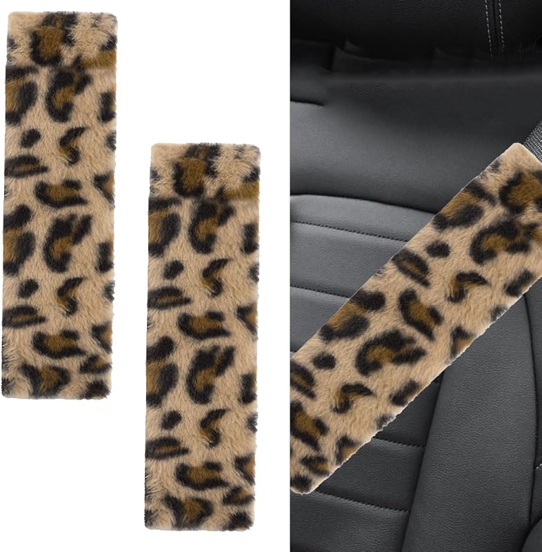 Capa para Cinto de Segurança YoRise Marrom com Estampa de Leopardo em Pelúcia – 2 unidades