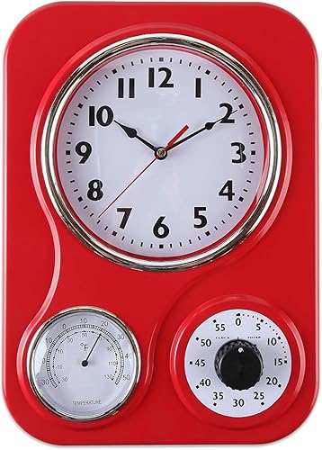 Lily's Home - 9.5 pulgadas x 12.5 pulgadas - Reloj de pared retro para cocina, reloj de pared vintage con termómetro y temporizador de 60 minutos,