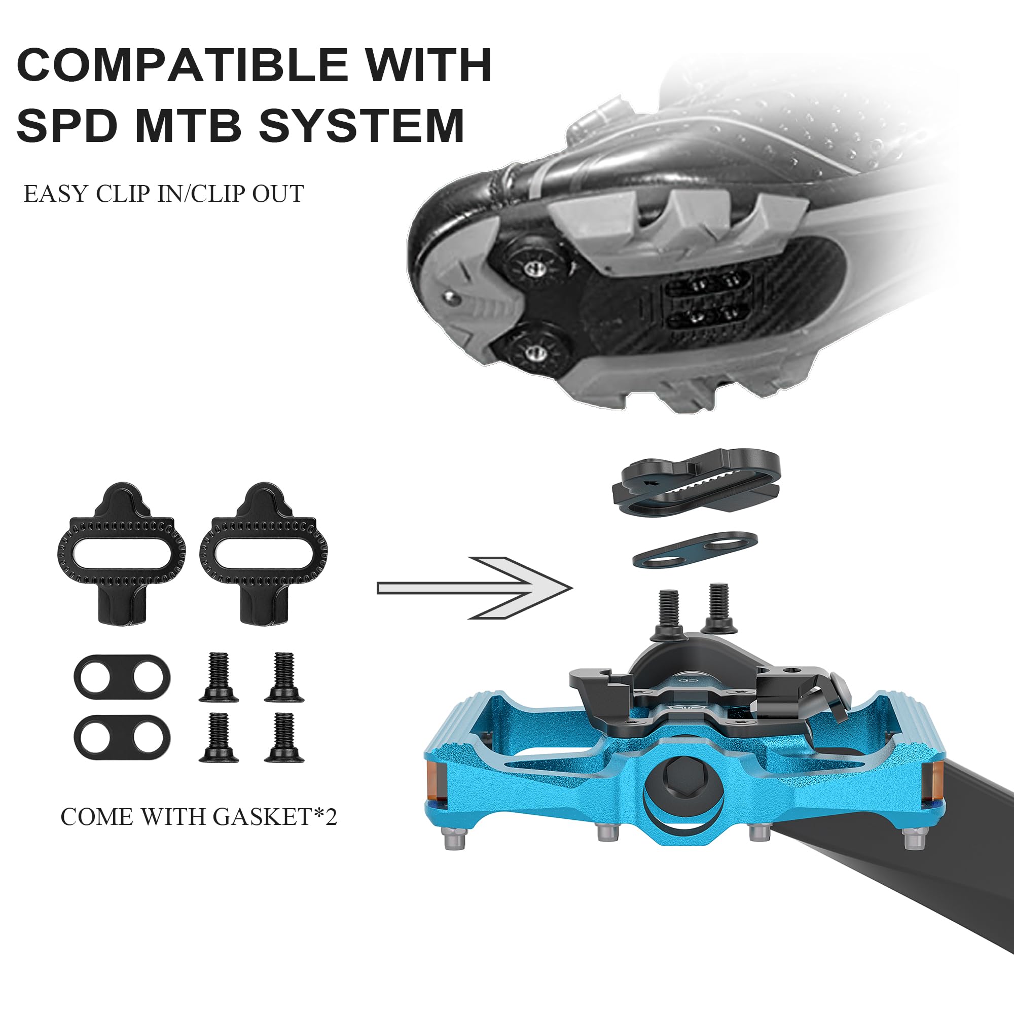 Pedales de Bicicleta de montaña con Reflector, Placa de Doble función y Pedales sin Clip, Pedal de Bicicleta de 9/16 Pulgadas, Compatible con SPD, 3 rodamientos sellados, Pedales de montaña de
