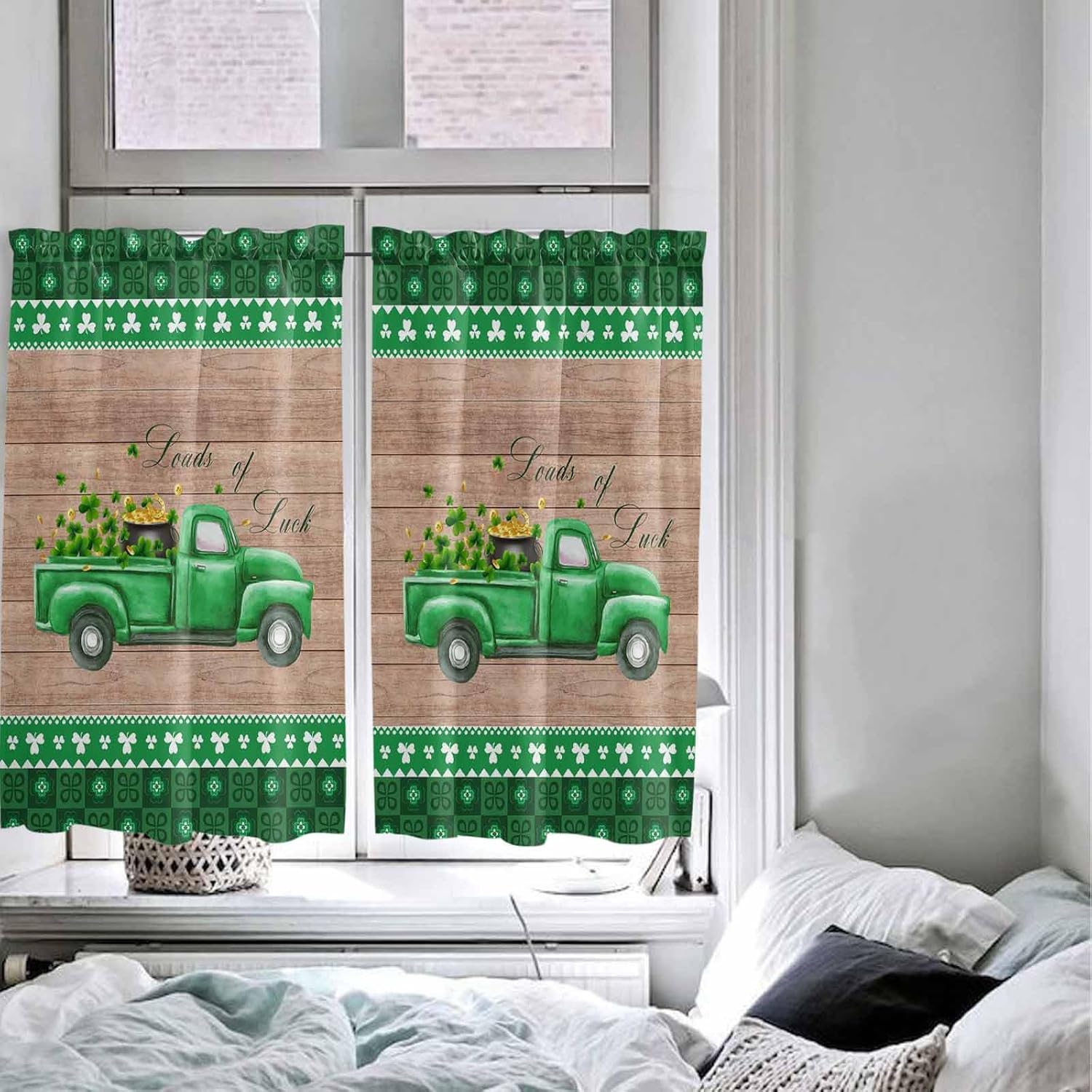 St.Patricks Day Window Treatment Panels, Light Filtering Curtains Drapes for Home, Living Room, Bedroom, Kitchen, Hotel 42x45inchx2, Truck with Loads of Luck Clover Brown Wooden