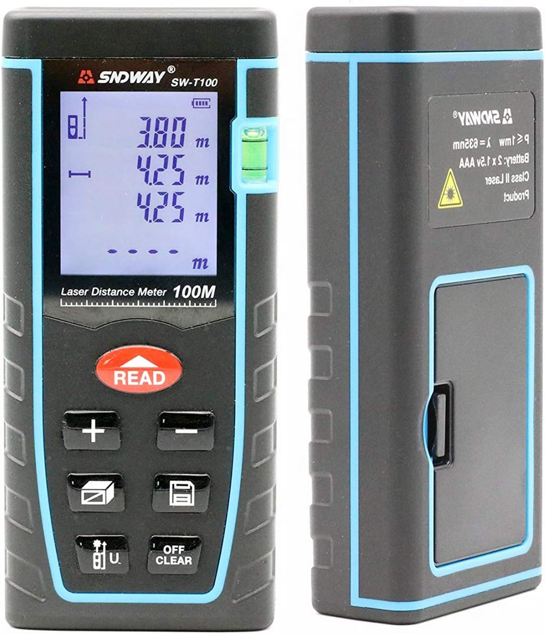 SW-T100 100M 328FT Laser Distance Meter Digital Diastmeter Laser Range Finder Meter Area Volume Measure Tool with LCD 4 Line Display