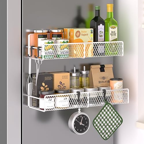 Miniatura 8 de Estante magnético para especias para refrigerador, paquete de 7 estantes magnéticos de metal, organizador de refrigerador magnético movible,