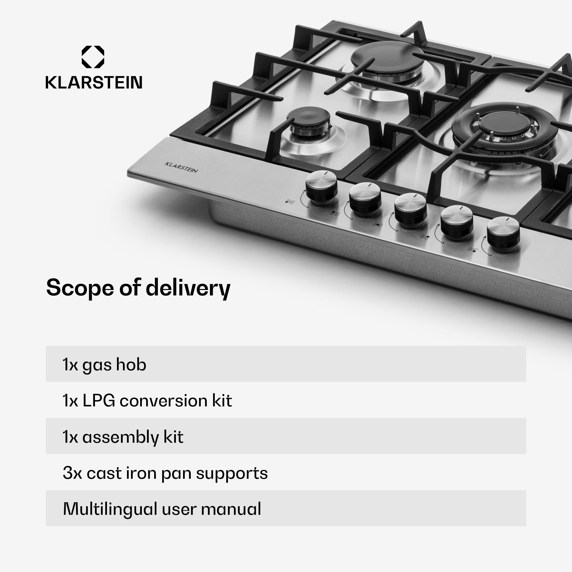 Klarstein Kuchenka gazowa, Palniki Sabaf, Płyta na propan/gaz ziemny, Kuchenka do zabudowy z zaworami bezpieczeństwa i automatycznym wyłączaniem, Szkło ceramiczne, 5-palnikowa, Srebrna