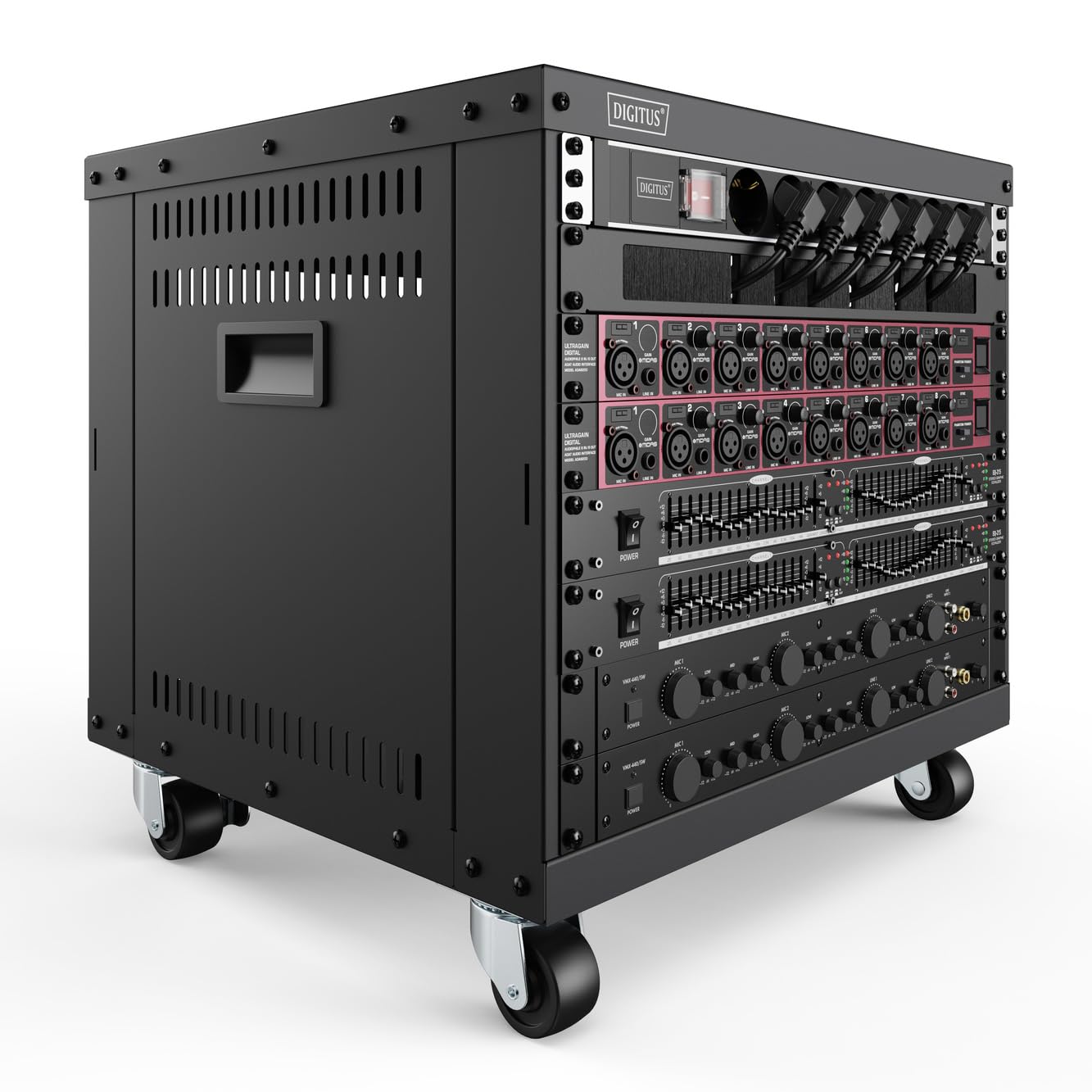 DIGITUS DN-48000 - Rack de Audio - 19 Pulgadas - 8U - Rack de Equipo Universal - para Accesorios de Audio y vídeo - Sin Montar - Carga máxima 136 kg - con Ruedas - Negro