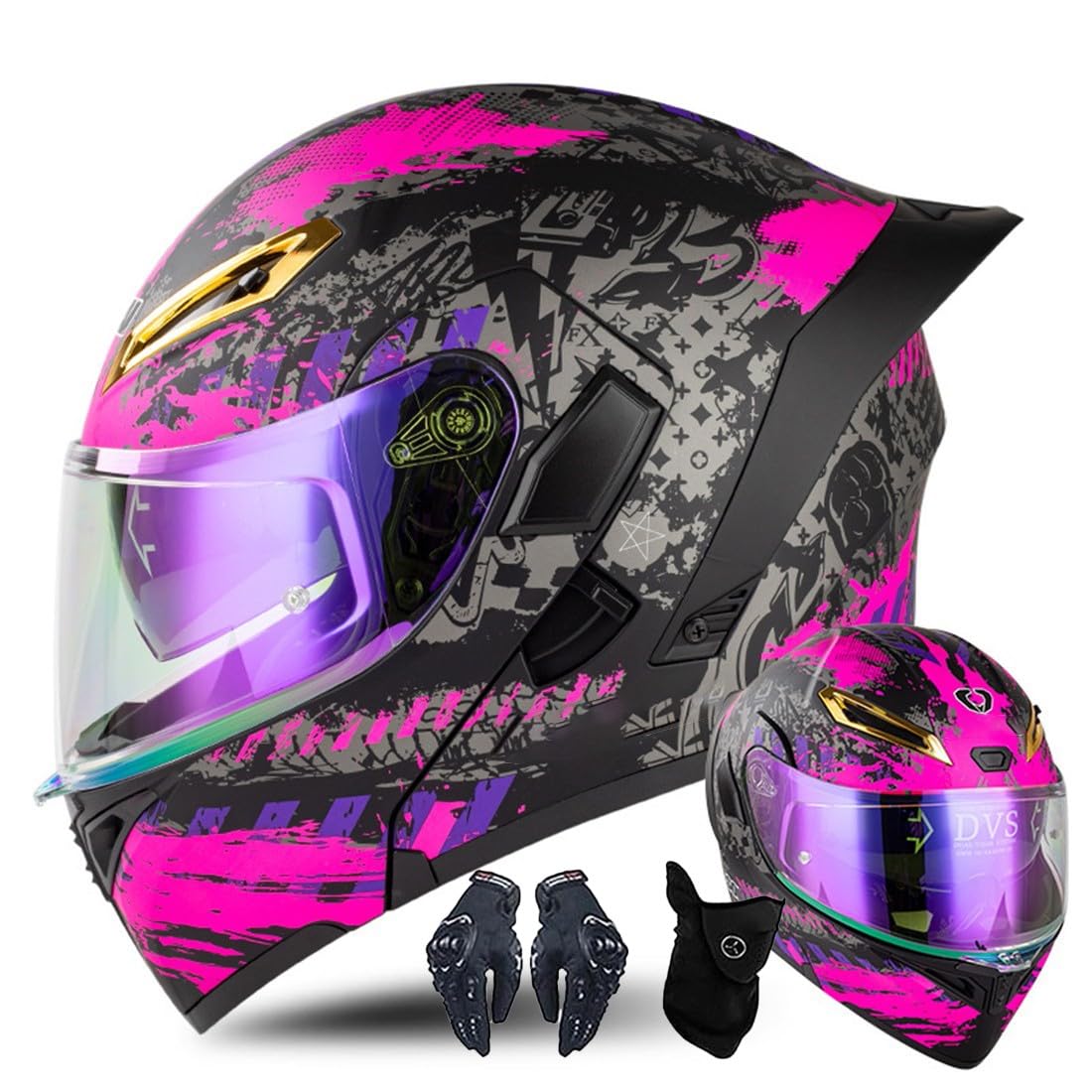 Modular Motorcycle Helmet With Gloves And Face Cover, Flip Up Helmet Adult Motorcycle Helmet With Double Visor, ECE Approved Helmet For Men And Women