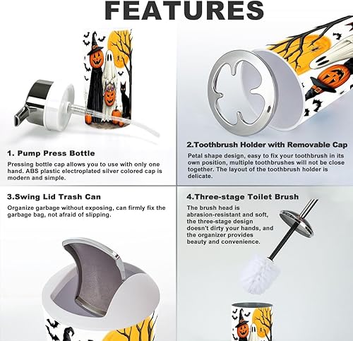 Miniatura 4 de Juego de accesorios de baño, 6 piezas, brujas rústicas, fantasmas, calabazas, gato negro, calabaza, fantasma, bruja, soporte para cepillos de
