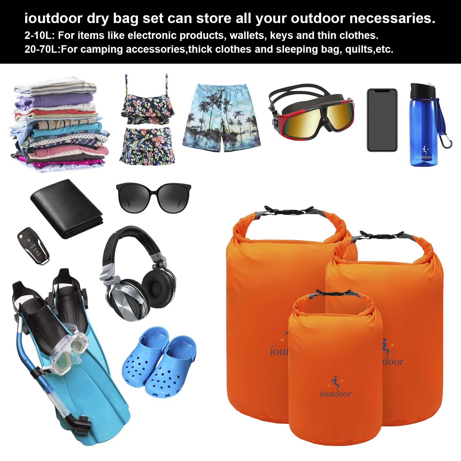Sac Étanche Imperméable Léger 3 Paquets 2L 5L 10L Gardez l'équipement Propre et Sec,Sac Sec Petit Grand pour Kayak,Plage,Rafting,Randonnée,Natation,Camping,Canoe,Ski,Planche à Neige