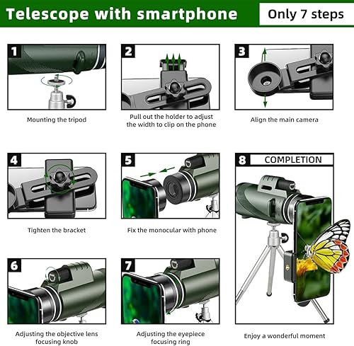 Miniatura 7 de Nuevo telescopio monocular HD de alta potencia 2024 50x60, prismáticos de baja visión nocturna para adultos con adaptador para teléfono inteligente,