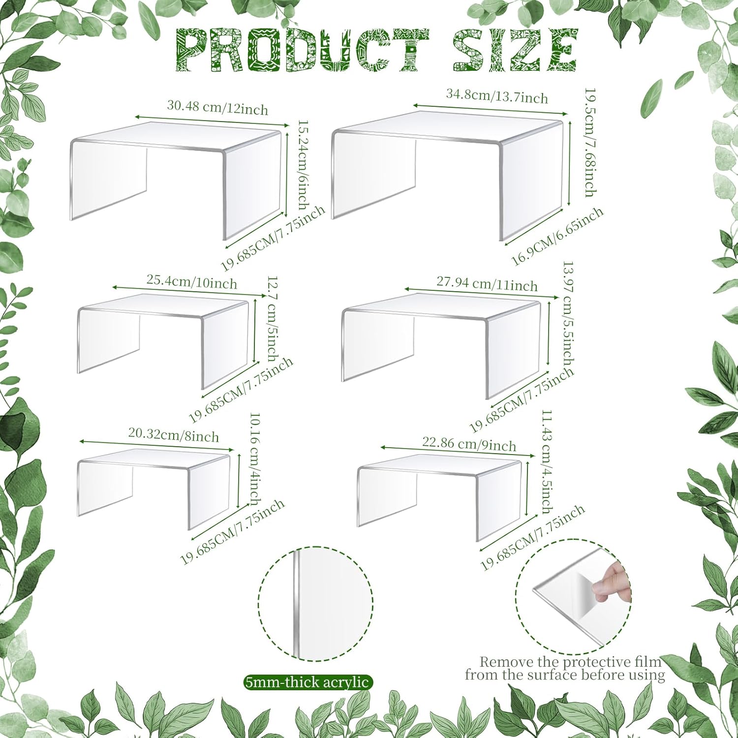 6 Pcs Acrylic Display Risers 5 mm Thick Clear Rectangular Display Shelf Cupcake Stand for Jewelry Perfume Figures Show Collectibles,Dessert (8,9,10,11,12,14inch)