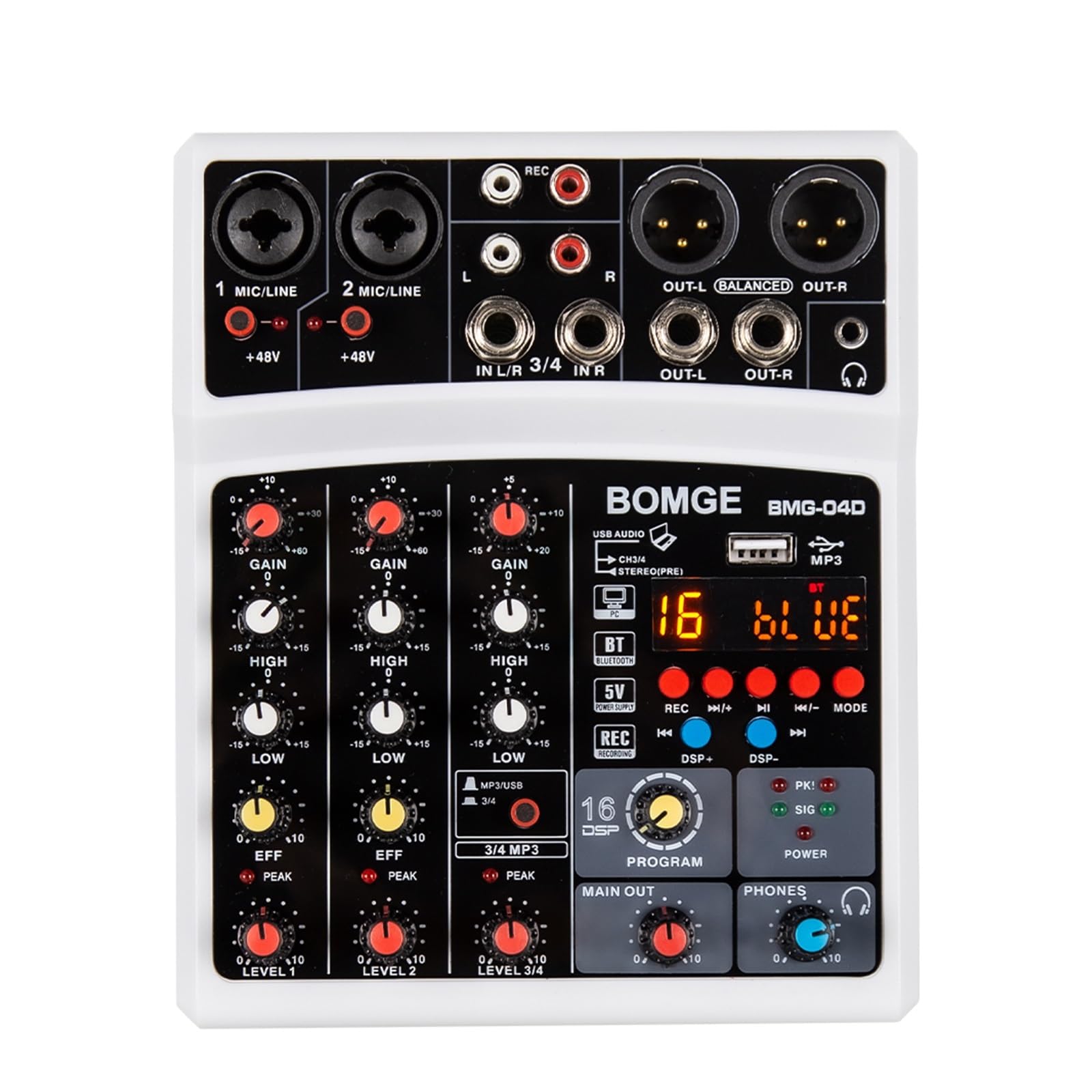 4-kanałowy 16-kanałowy interfejs miksera dźwięku DSP Echo dj z nagrywaniem MP3 USB Bluetooth Stereo(Wit)