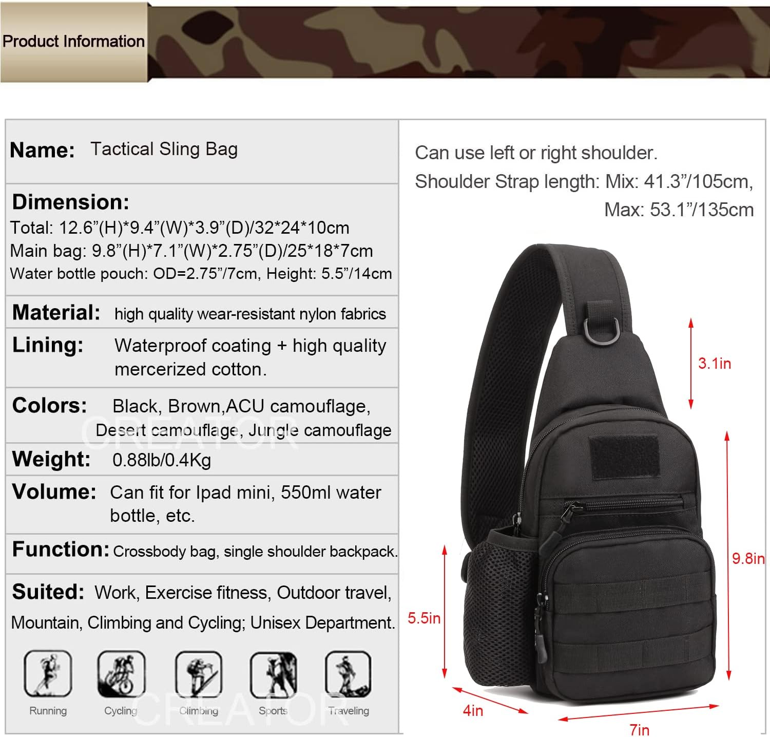 CREATOR Tactical Sling Bag Shoulder Backpack Military MOLLE Crossbody Bag Chest Pack Hiking Daypack - Image 4