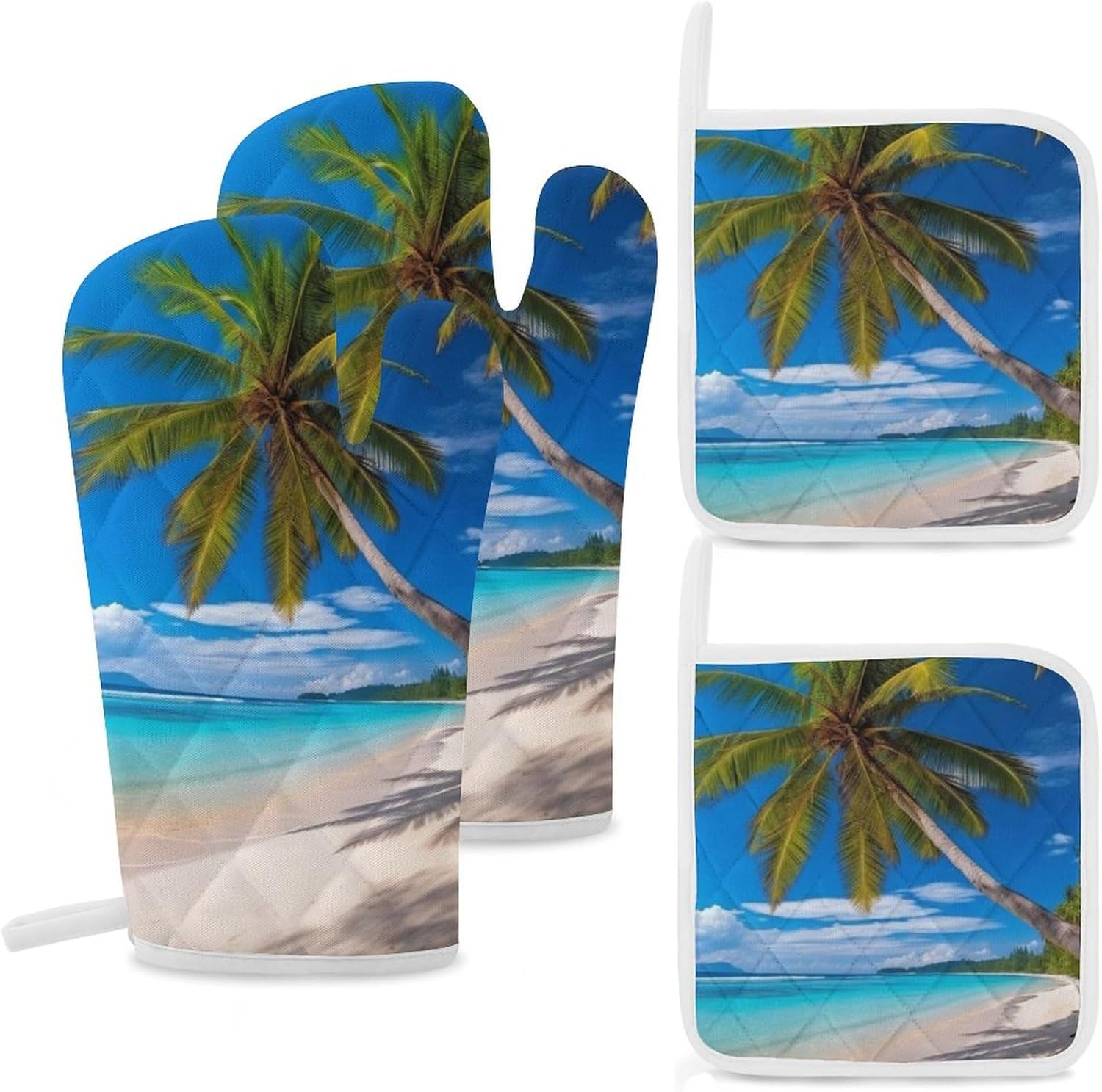 Oven Mitts Pot Holders Kitchen Beach and Coconut Tree Heat Resistant Oven Glove for Baking and Cooking