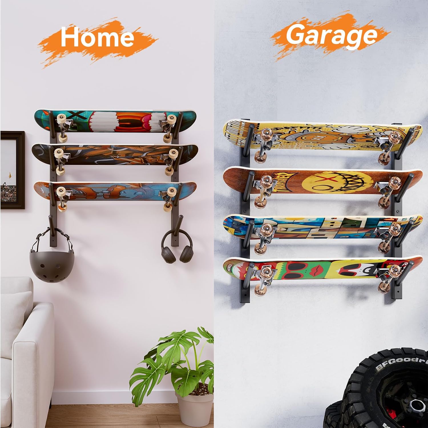 YMYNY Skateboard Wall Mount, 6 Layer Skateboard Rack Holder, UHSD002B | Snowboard Wall Mount for Storage Longboard Deck Organizer, Skateboard Display Stand for Home Garage