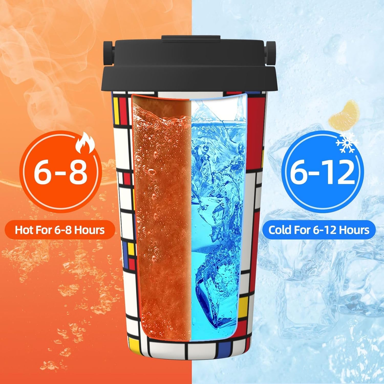 コーヒーカップ ピート・モンドリアン チェック柄 タンブラー 蓋付き 水筒 魔法瓶 手提げコップ 真空断熱 保冷 保温 ステンレス製