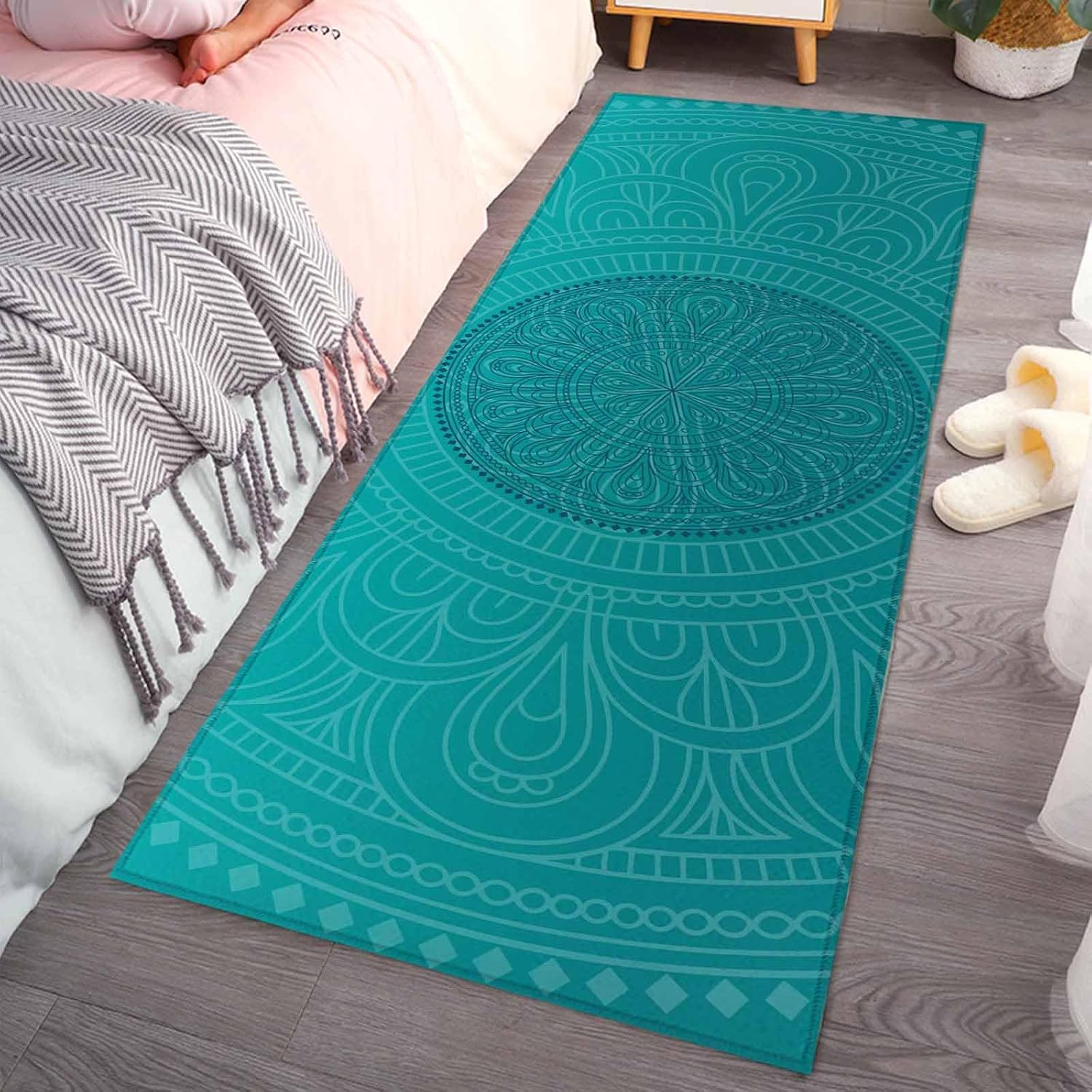 Kitchen Mats for Floor Bohemian Flower on Teal Green Washable Non Slip Kitchen Rugs 1PCS, Boho Chic Blossom Floral Absorbent Standing Mats for Sink Bathroom Office Living Room 15.7x47.2in