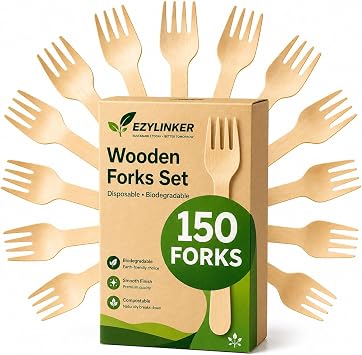 150 Wooden Forks Disposable, Alternative to Plastic and Bamboo Forks - Eco Friendly, Biodegradable, Compostable Forks Set - 150 Disposable Fork Utensils Set for Lounge Party Wedding, BBQ