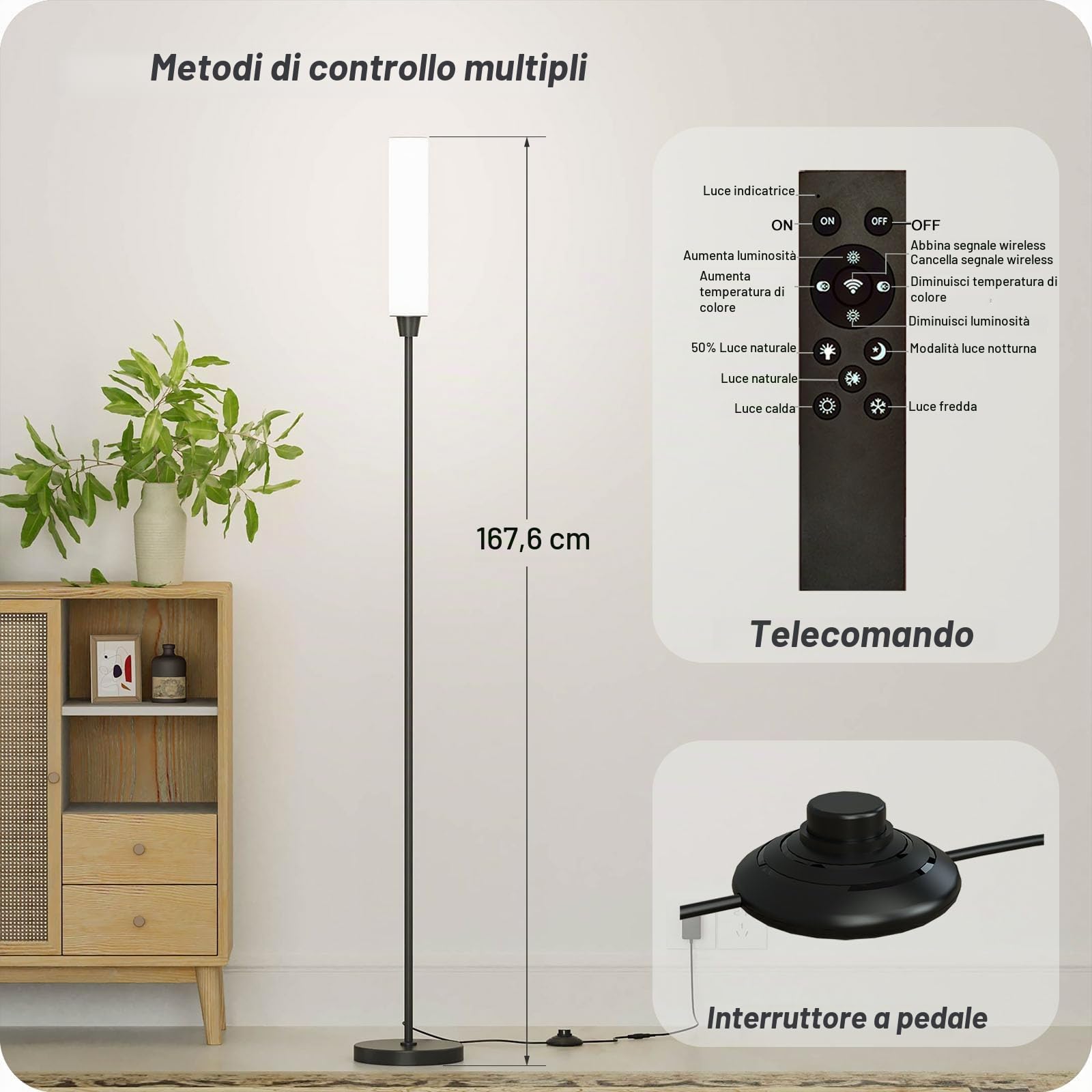 Lampada da terra con telecomando,piantana lampada da terra,lampada da terra salotto,lampada dimmerabile Luminosità 10% -100% e temperatura del colore 3000k-6000k,piantana