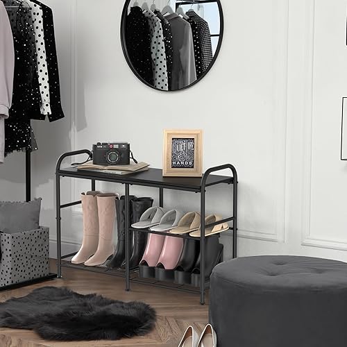 Miniatura 7 de YBING Zapatero para entrada, pequeño almacenamiento de zapatos con banco, organizador de zapatos de 3 niveles negro con estantes de metal y parte