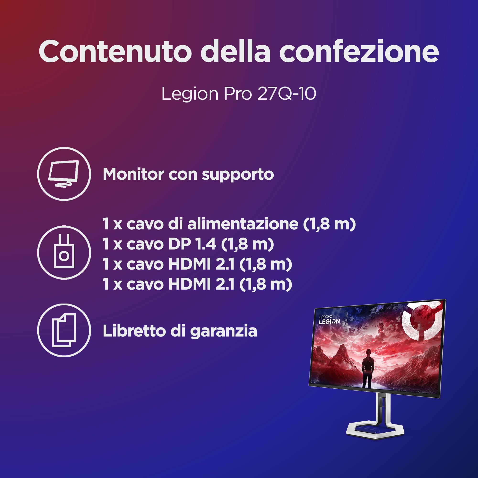 Lenovo Legion Pro 27Q‑10 Monitor Gaming 27 Pollici QHD QD‑OLED, 280Hz, 0,03ms, FreeSync Premium Pro, HDMI 2.1, DisplayPort, Ideale per Esport e Gaming Competitivo