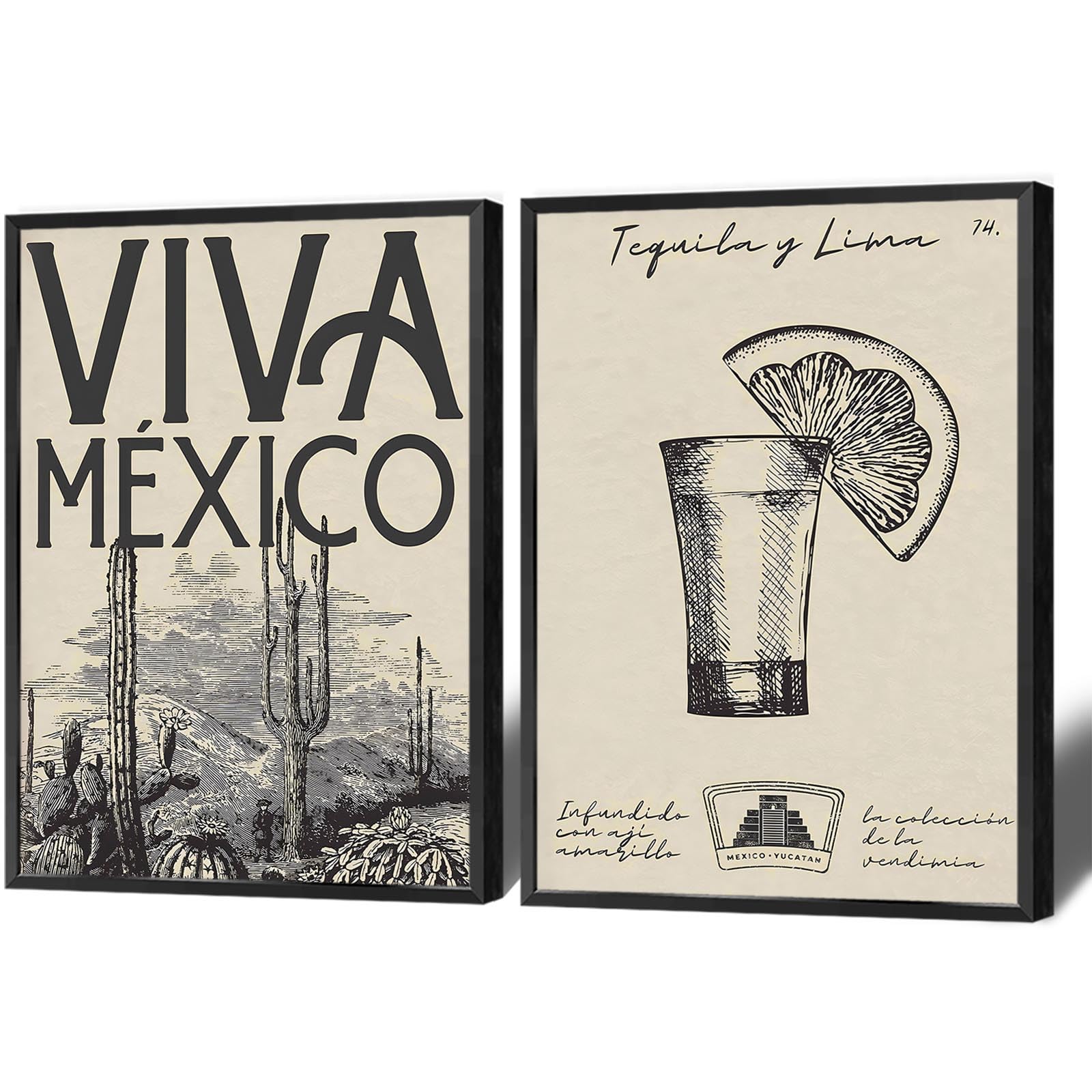 Beshdomp Set Of 2 Retro Mexican Tequila Posters Spanish Travel Culture Cactus Spiny Plants Art Alcohol Liquor Drink Prints Painting For Home Bedroom Dorm Office Wall Decor 16x24in Framed