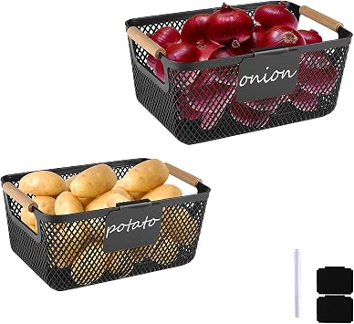 Onion and Potato Storage Baskets,A set of 2 Wooden Handle storage Basket Stackable Plastic Pantry Bins, Multifunctional Organizers for Kitchen, Countertop, and More Vegetable Storage Box Black-2pack